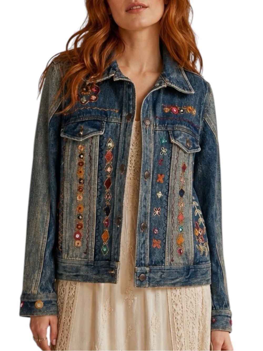 Parsley & Sage Embellished Embroidered  Artisanal Medium Wash Denim Jacket Small